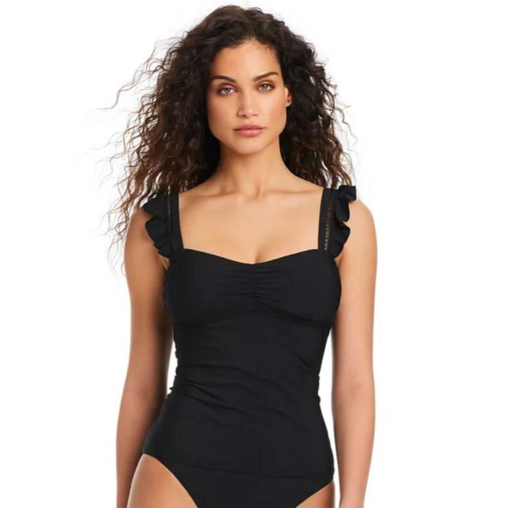 Beyond Control Women's Black Shirred Ruffled Tankini Top 10